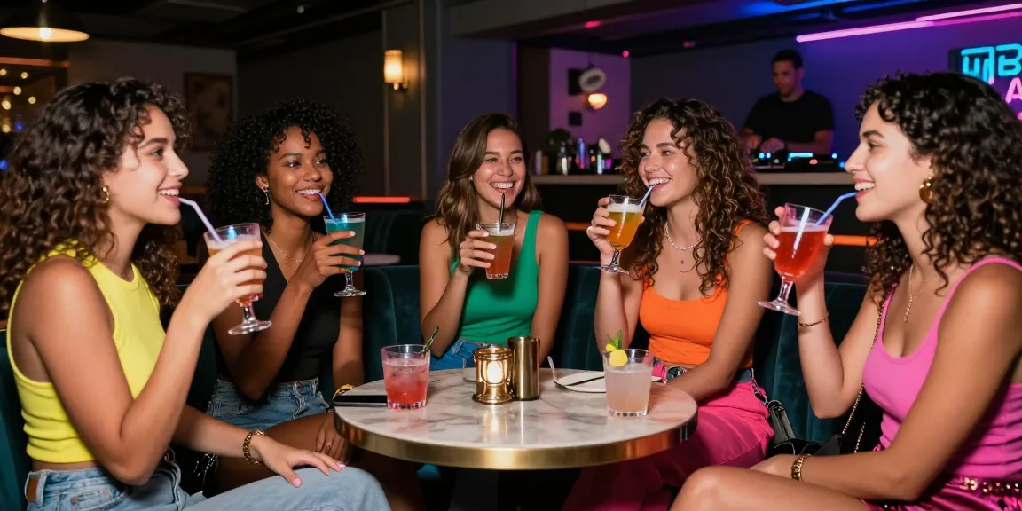 Nhóm gái gọi trong quán bar sôi động, cười đùa và thưởng thức cocktail, nếp sống về đêm hiện đại.