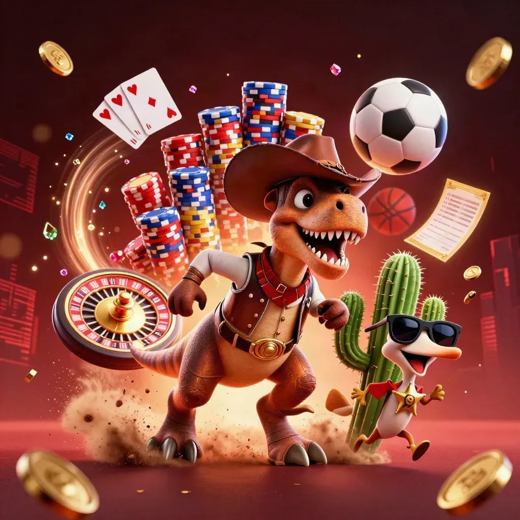Cowboy T-Rex, cactus, and roadrunner amid flying coins, cards, chips, balls, and neon casino light.