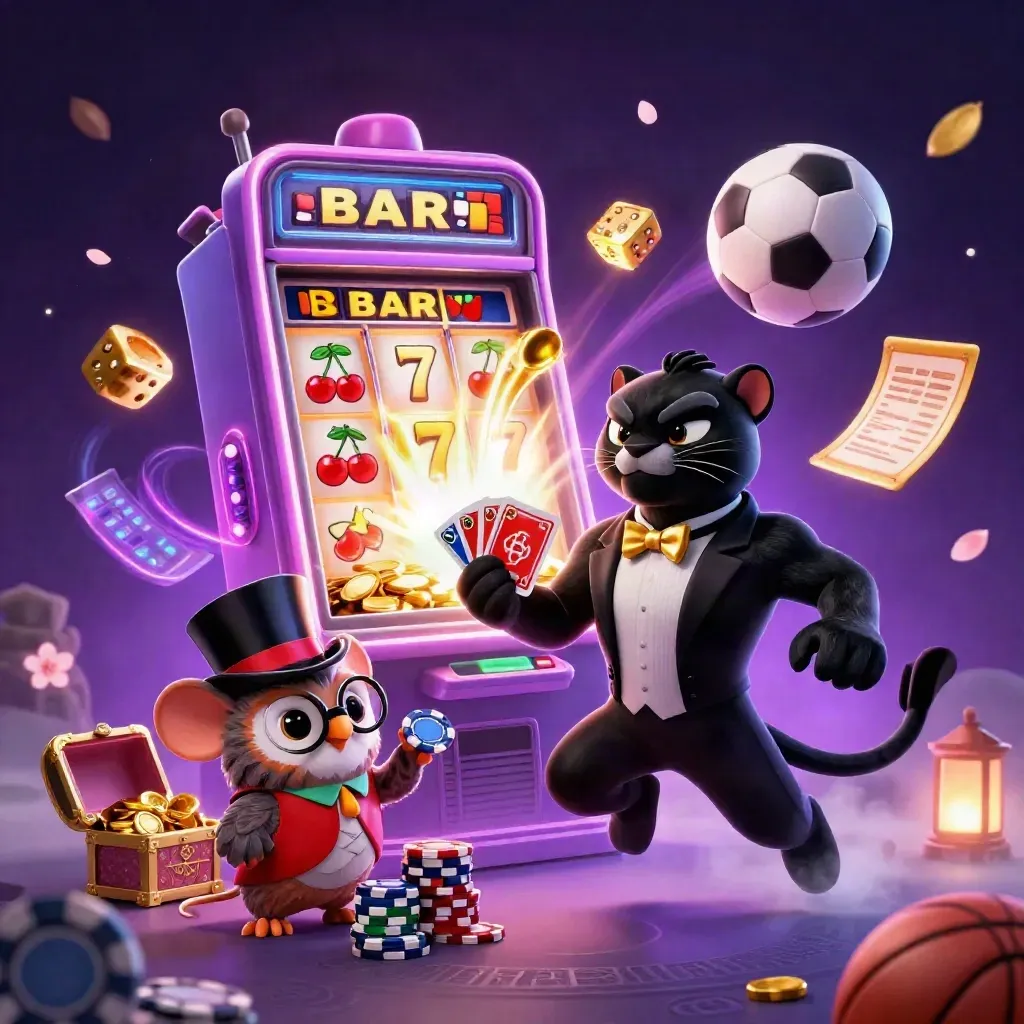 Mascot panther, owl and mouse amid exploding casino symbols, gold dice and neon sports props.