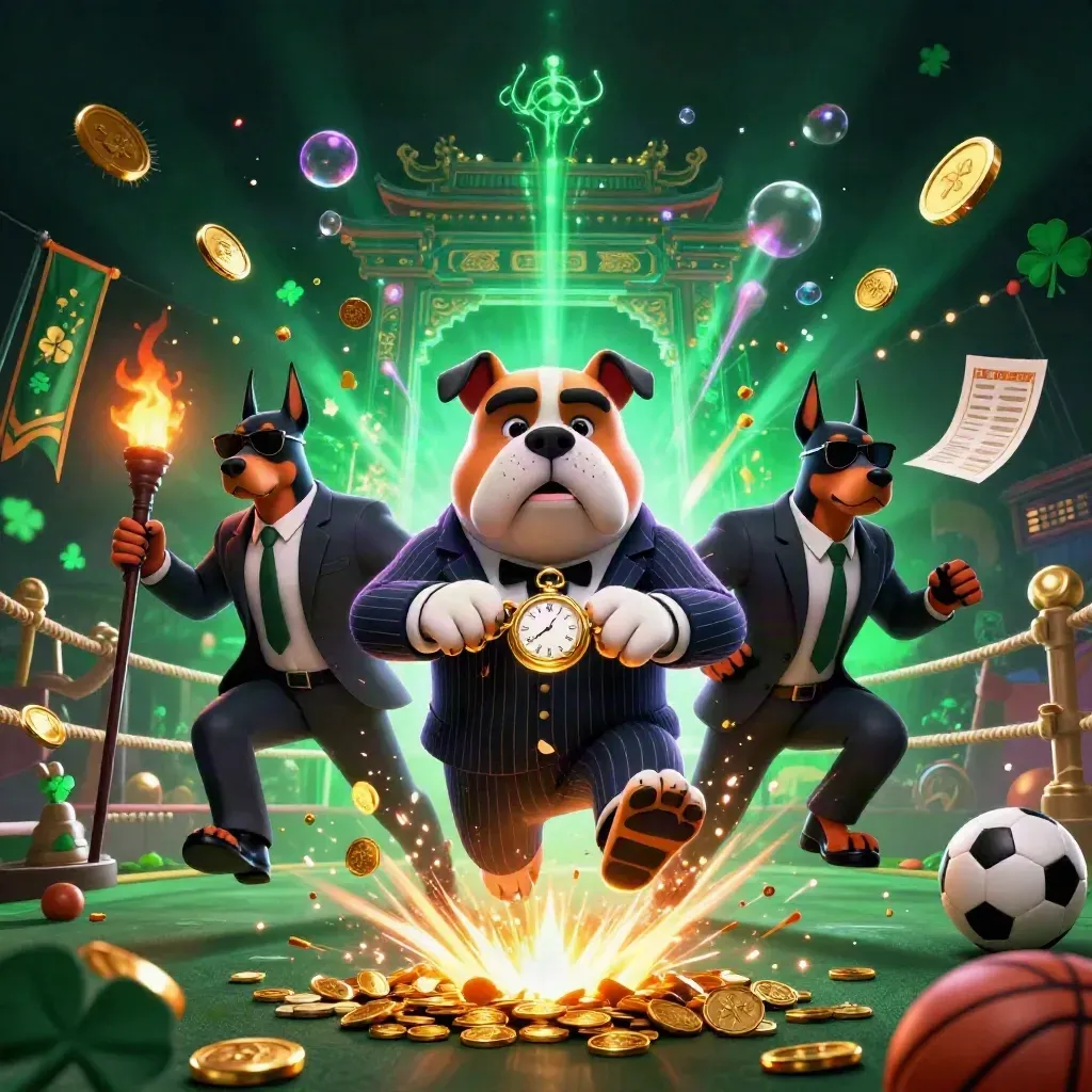 Bulldog boss and two Dobermans amid treasure, coins, temple gate and neon casino effects.