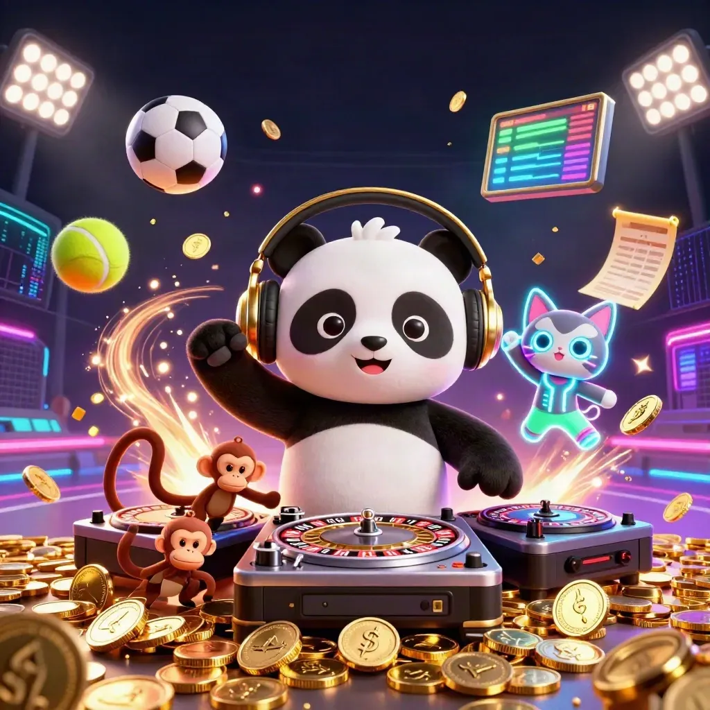 Panda DJ, monkey, and kitten amid bursting coins, sports balls, trophy, and neon casino energy.