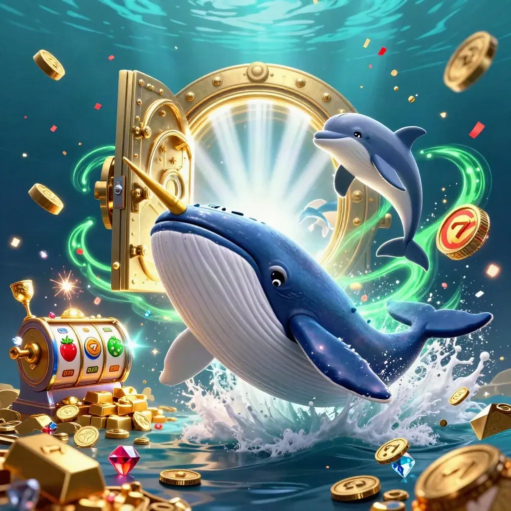 Whale captain, narwhal and dolphins burst through coins with a glowing treasure vault and neon sparks.